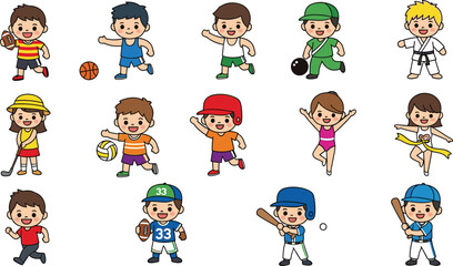 Diverse cartoon kids playing sports, football, basketball, karate, swimming, tennis, gymnastics, soccer, active children promoting healthy lifestyle