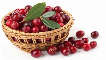 Cranberry in wicker basket and some cranberry in white background
