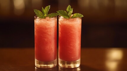 Watermelon slushie or cocktail drink with mint in glasses