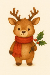 Cute watercolor reindeer wearing a red scarf and holding a holly branch. Adorable Christmas character illustration for greeting cards and children&rsquo;s designs. AI generated.
