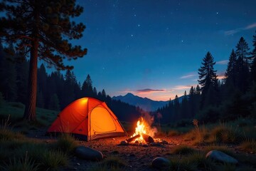 A crackling campfire under a star-filled summer sky, illuminating a tent pitched in a lush forest clearing Perfect for travel, adventure, and outdoor lifestyle imagery , light, landscape