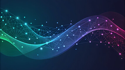 Abstract Futuristic Network Background with Wavy Digital Data Stream and Glowing Connections