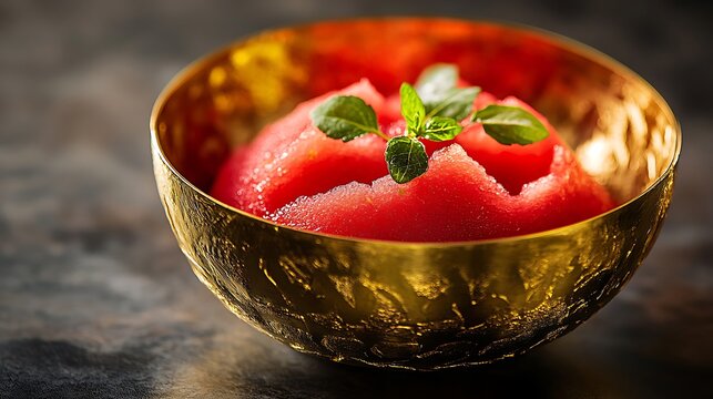 Watermelon sorbet decorated with golden bowl - Powered by Adobe