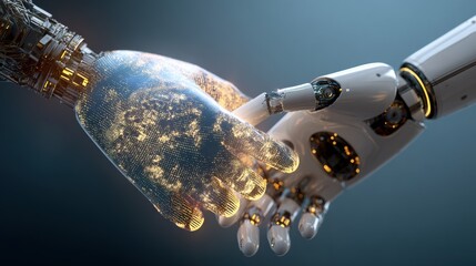 A futuristic representation of human and robot hands connecting, symbolizing the bond between technology and humanity.