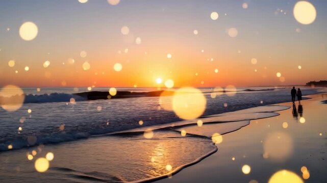 Golden sunset over ocean and beach casting vibrant reflections on wet sand Gentle waves lap the shore as couple walks Numerous shimmering glowing bokeh lights float across the romantic scene