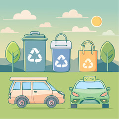 A colorful cartoon illustration featuring recycling bins a reusable bag and two cars in a simple landscape.