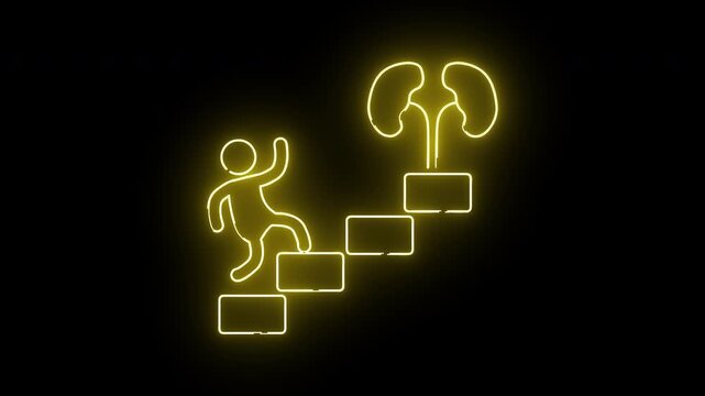 Neon figure climbs steps toward a kidney icon on platforms against a black backdrop