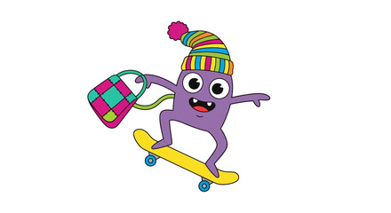 Fototapeta premium Cartoon illustration of a fun loving monster skateboarding with a patterned bag and colorful hat