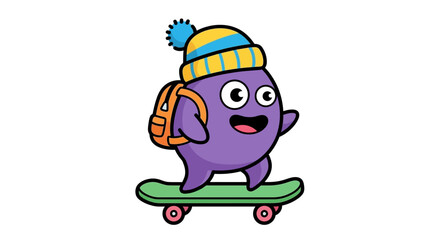 Naklejka premium Cheerful purple cartoon character riding a skateboard with hat and backpack illustration