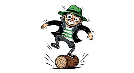 Cartoon character balancing on a log with happy expression, against white background