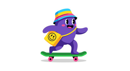 Fototapeta premium Playful Purple Cartoon Character on a Skateboard with a Smiling Face Bag full of fun