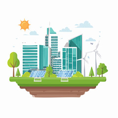 Ecofriendly city skyline with solar panels and wind turbines.