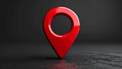 Glossy red 3D map pin with central hole standing upright on dark surface against black background