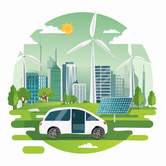 Ecofriendly city with electric car wind turbines and solar panels.