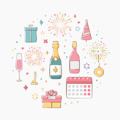 Festive Celebration Elements Champagne Gifts Fireworks and Calendar Illustration.