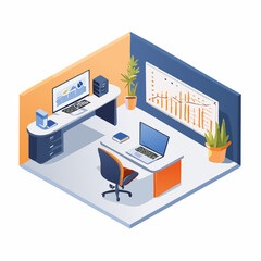Isometric Office Space with Desks Computers and Chart.