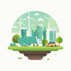 Sustainable Cityscape with Electric Car and Solar Panels.