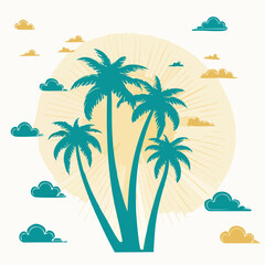 Stylized Teal Palm Trees with Sun and Clouds.