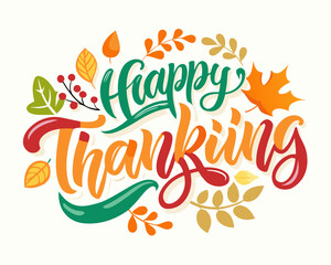 Happy Thanksgiving hand-lettered typography, festive style, vector illustration isolated on white background