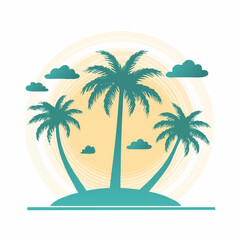 Tropical Palm Tree Scene with Sun and Clouds Illustration.