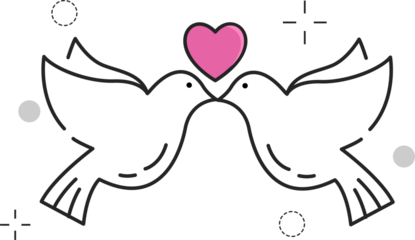 Two White Doves Facing Each Other Kissing Below Pink Heart on Transparent Background