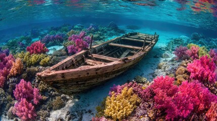 A mysterious shipwreck surrounded by vibrant coral reefs in clear blue water, showcasing underwater beauty.