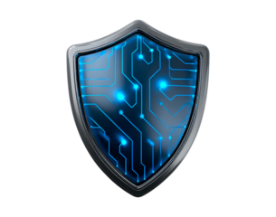 Futuristic blue circuit shield symbolizing digital security and protection on transparent background