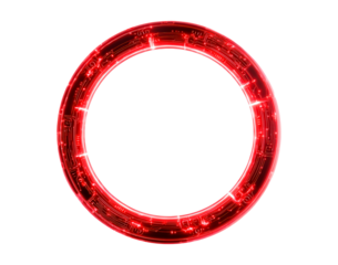 Glowing red sci-fi circuit ring with futuristic illuminated design on transparent background