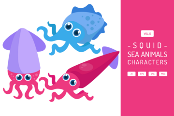 Three Pixelated Squids with Transparent Background Sea Creature Character