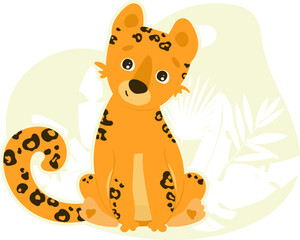 Little Leopard.  Cute cartoon leopard cub sitting among tropical leaves.