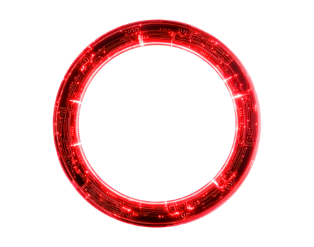 Glowing red sci-fi circuit ring with futuristic illuminated design on transparent background