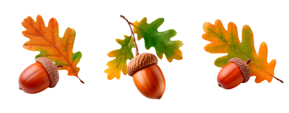 Three autumn acorns with vibrant oak leaves on transparent background