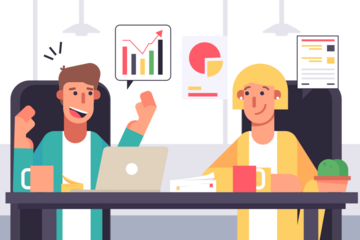 Two Colleagues Discussing Company Growth Animated Illustration in White Background with Graph and Charts Computer Pixel Art Style Business Meeting