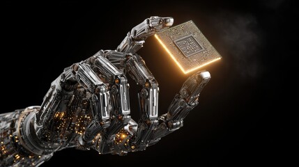 A robotic hand holding a glowing microchip, symbolizing the fusion of technology and innovation in the digital age.