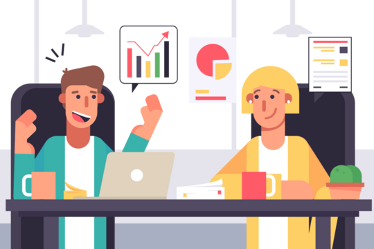 Two Colleagues Discussing Company Growth Animated Illustration in White Background with Graph and Charts Computer Pixel Art Style Business Meeting