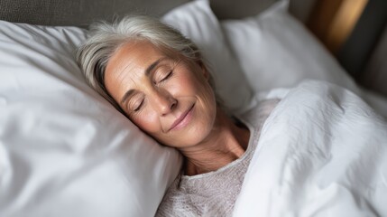 A serene elderly woman peacefully sleeping in a cozy bed, wrapped in soft blankets.