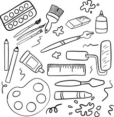 Set of artist supplies. Art and craft accessories such as brushes, knife, color, easel, palette. Vector illustration isolated on white background. Doodle hand drawn painting objects collection