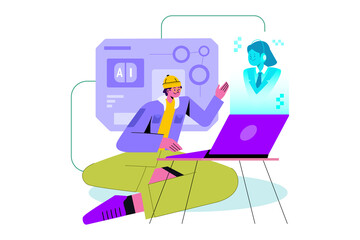 Two People Video Conference with Transparent Background One Man Sitting Cross Legged Using Laptop Wearing Yellow Hat Cartoon Style