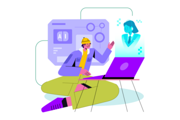 Two People Video Conference with Transparent Background One Man Sitting Cross Legged Using Laptop Wearing Yellow Hat Cartoon Style