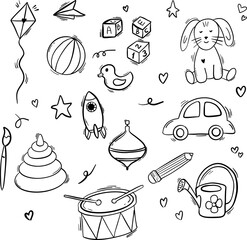 Hand-drawn children's toys collection: playful outlined icons featuring classic and modern favorites