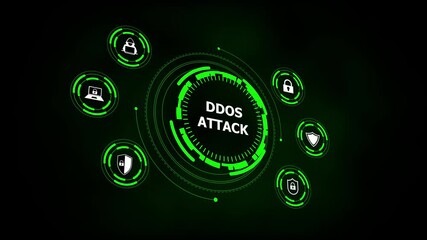 Futuristic concept depicting DDoS threats on digital networks with hacker activity, laptop access points, and protective lock icons, emphasizing advanced cybersecurity measures. - Powered by Adobe