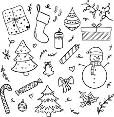 Merry Christmas and happy New Year festive vector collection. Different hand drawn doodle elements, Christmas tree, fireplace, cozy sweater, Winter holidays attributes.