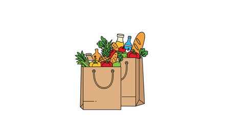 A collection of grocery items packed in reusable shopping bags ready for transport home.