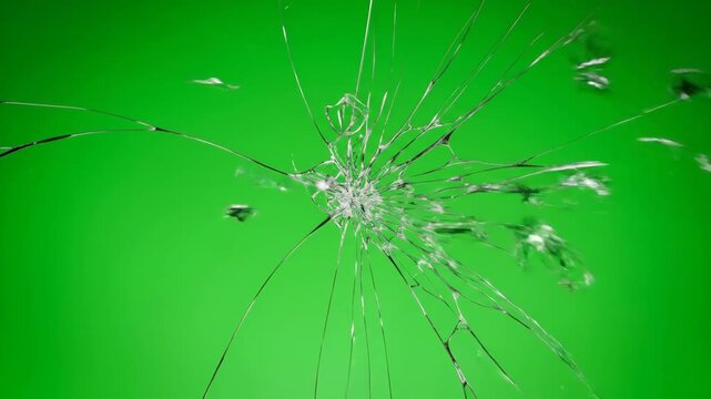 Intricate cracks propagating across a fragile glass pane before disintegrating in extreme slow motion on a green screen fragile glass, abstract, detail