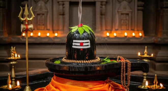 Sacred Shiva Lingam Offering and Worship in Temple