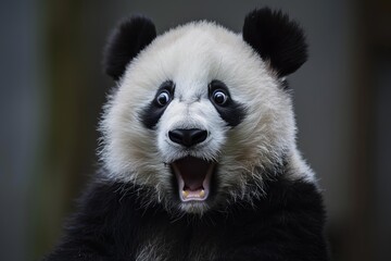 Naklejka premium Close up of a surprised giant panda bear with open mouth and visible teeth, expressing amazement and wonder