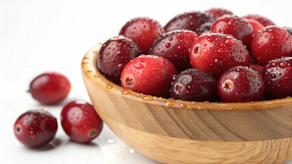 Cranberry in wooden bowl with water drop and some cranberry in white background