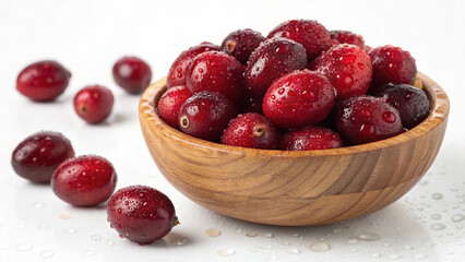 Cranberries in wooden bowl with water drop in white background