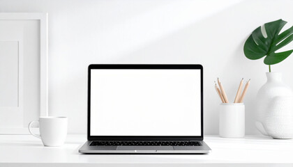 A clean white desk with a blank computer screen and a plant for branding