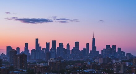 Fototapeta premium City skyline silhouette at dusk under pink and blue sky